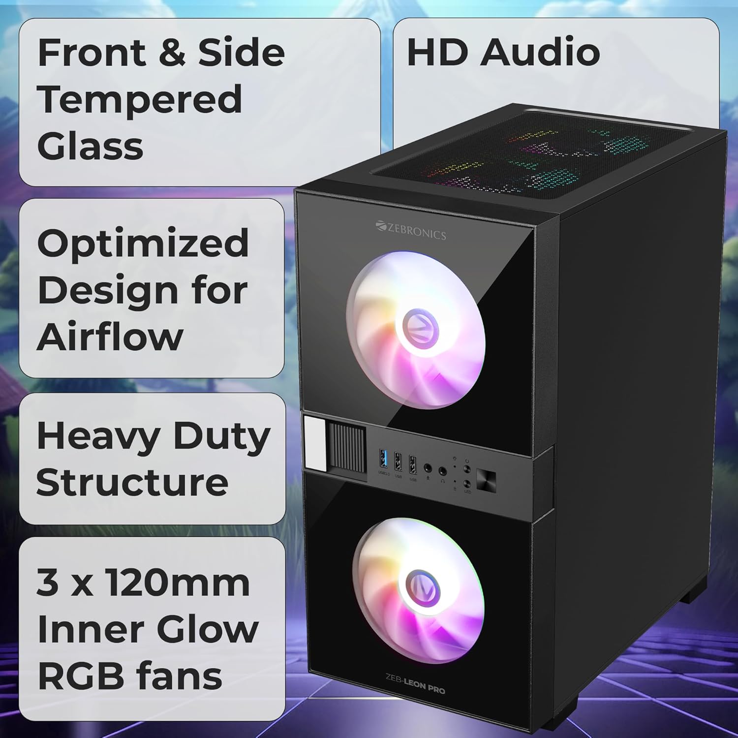 CABINET Leon PRO Premium Gaming Cabinet/Case ZEBRONICS BLACL